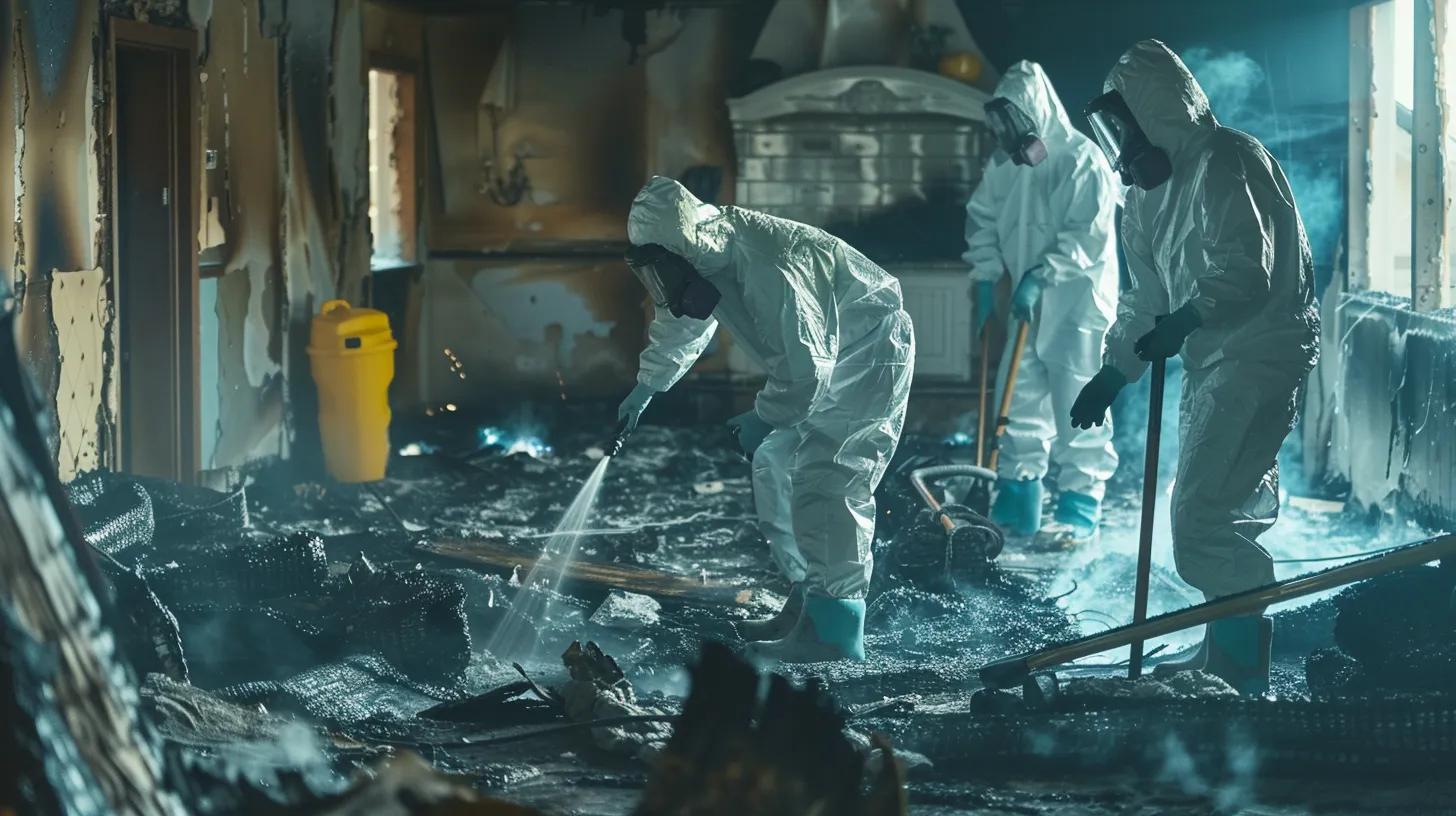 A cleanup crew in protective gear removing soot and debris from a charred interior, with visible equipment like air scrubbers, vacuums, and chemical cleaners.