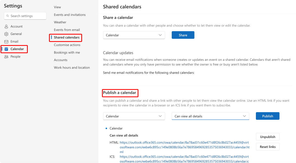 Pic. 20. Navigating to calendar settings in OWA to publish your calendar.