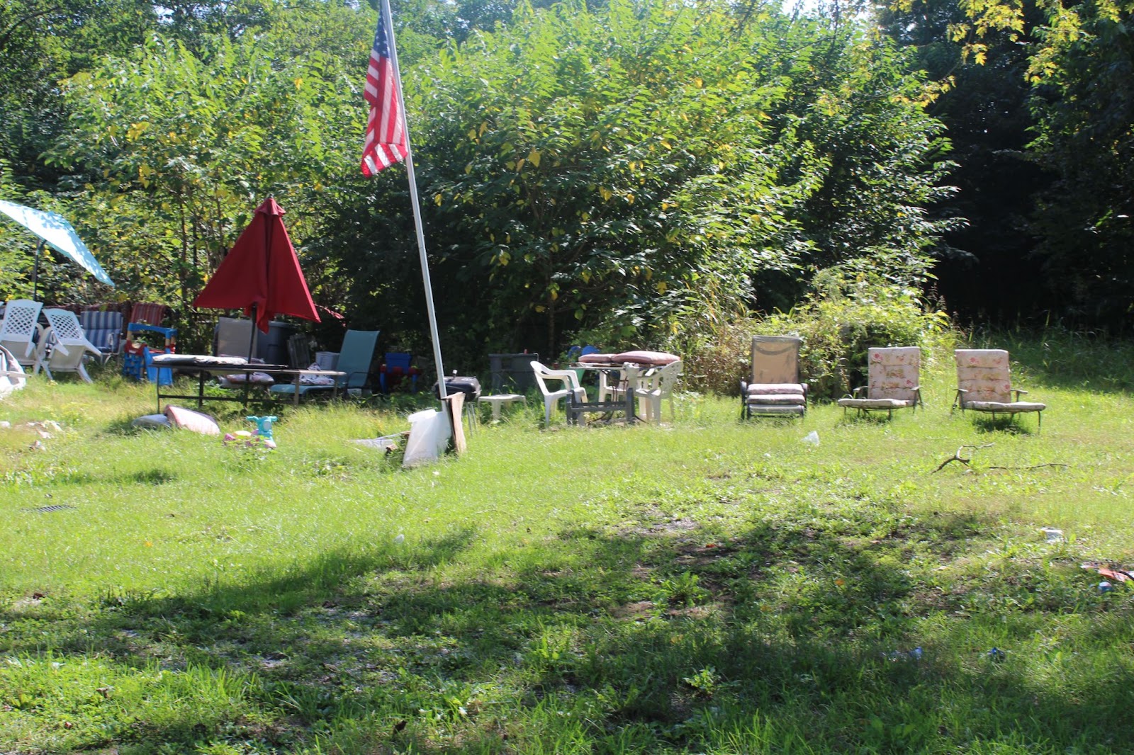 Image: Johnathan Kozol wrote “East St. Louis begins at the Monsanto fence.” In 1993 “60 Minutes reported on the gate self-funded by the mostly white residents of Belleville, Illinois separating their city from the predominantly black East St. Louis”. The photo shows lush foliage in the background with various lawn chairs and other furniture sitting in front. An American flag is waving yet on the verge of tipping over. Treasure Shields Redmond, Residential Yard, East St. Louis, 2024.