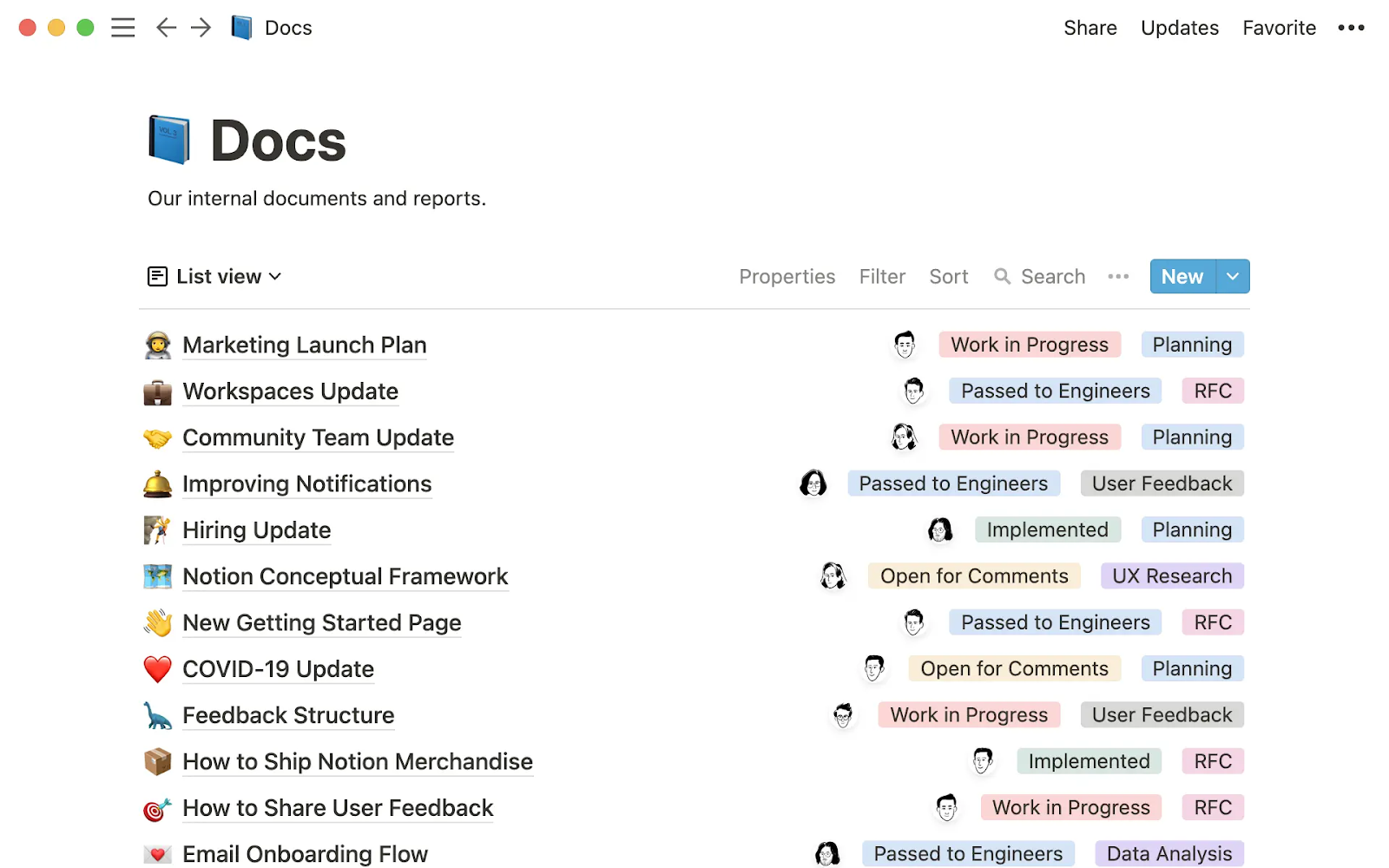 Image showing a list view of internal knowledge base in Notion