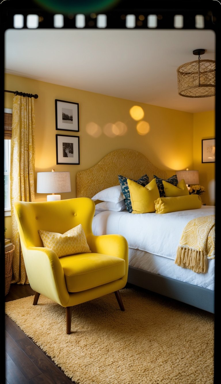 A cozy yellow bedroom with a bright canary accent chair, surrounded by warm and inviting decor