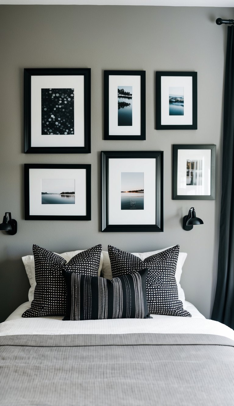 A cozy bedroom with black picture frames on the walls, featuring a color scheme of black and gray