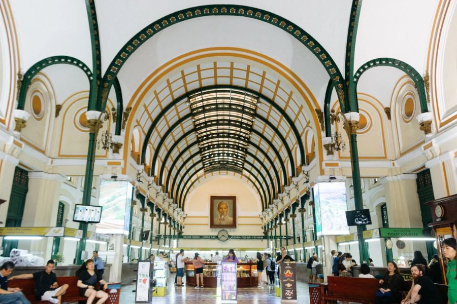 Inside, the high ceilings and arches are decorated with elaborate patterns.