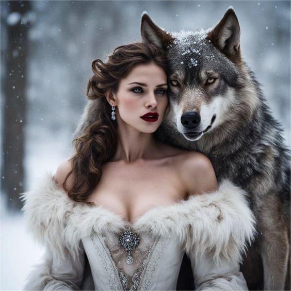 A person in a white dress with a wolf

Description automatically generated