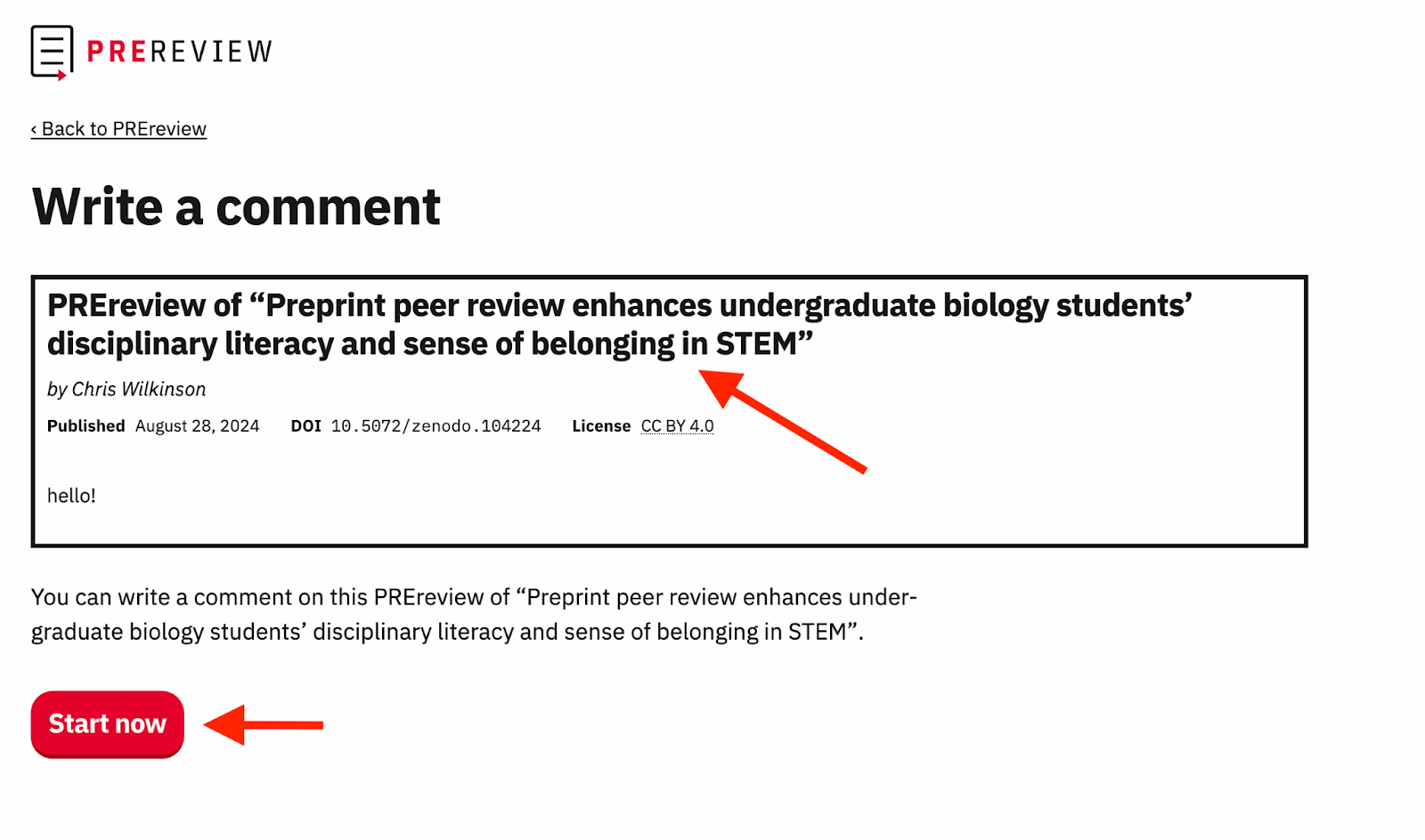 This is a screenshot from PREreview.org emphasizing where to confirm your choice of PREprint for your comment.