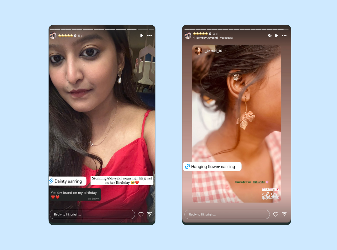 Screenshots of Lili Origin's Instagram Stories showing UCG photos from happy customers
