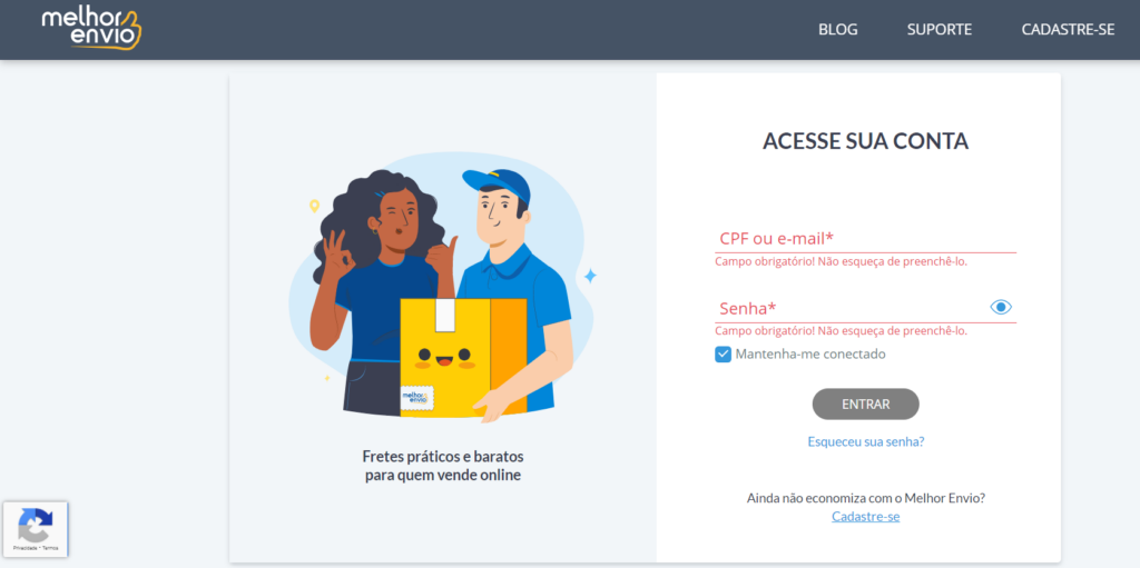 Print da página de login Melhor Envio contendo campos para inserir CPF ou E-mail e senha e um botão para entrar