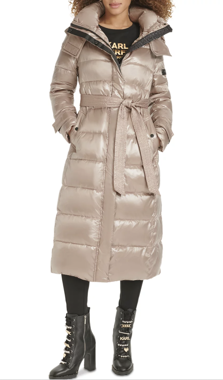 KARL LAGERFELD PARIS Shine Hooded Belted Puffer Coat at Macy’s