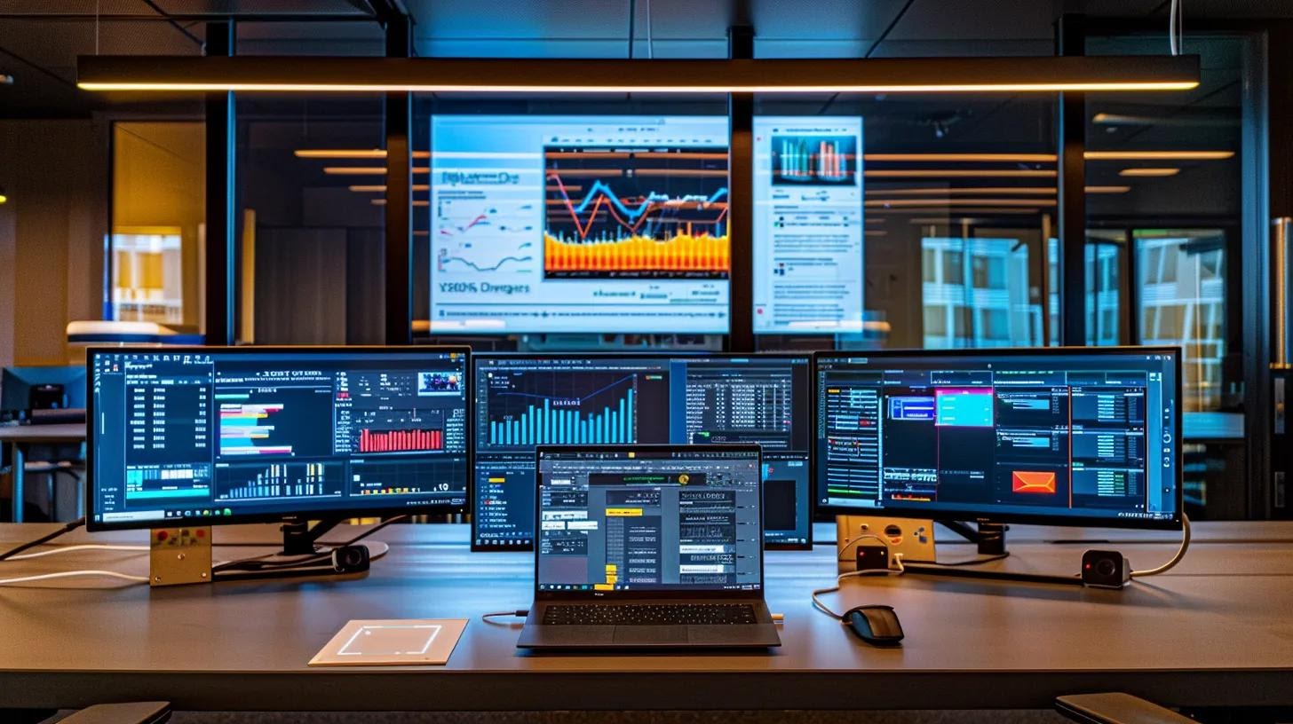 a sleek, modern office workstation displays a laptop with a browser open to a website speed optimization tool, surrounded by large monitors showcasing fast-loading minimalist website designs and analytics graphs, illuminated by bright artificial lighting.
