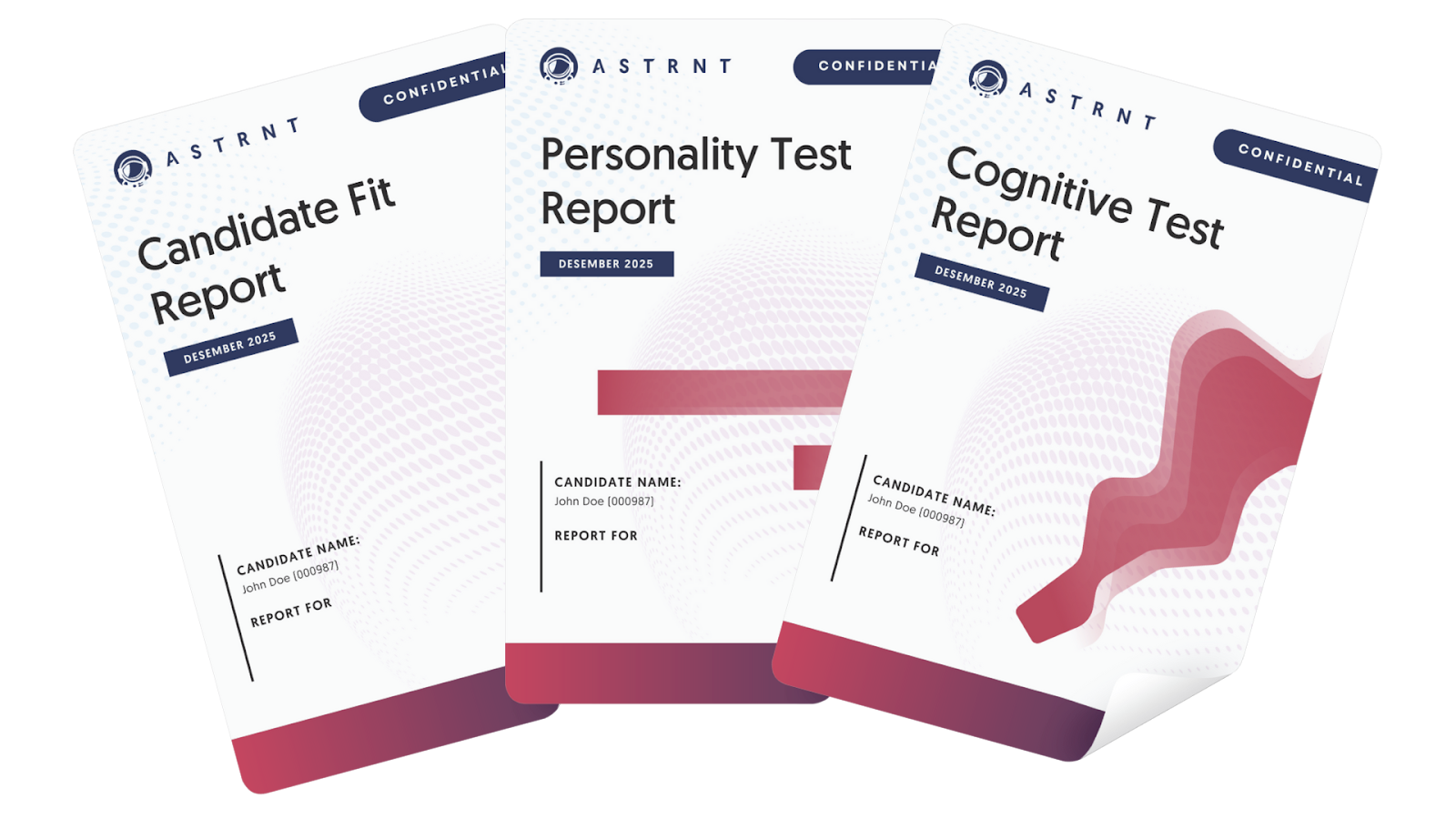 Three of many diverse psychometric assessment result by ASTRNT, each showing different test types and outcomes.