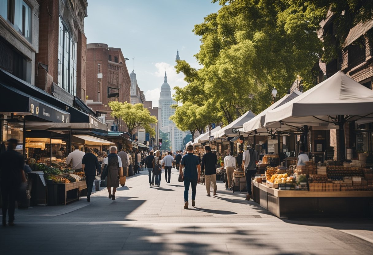 A bustling city street with service-based businesses lining the sidewalks, each displaying their unique offerings to attract local customers