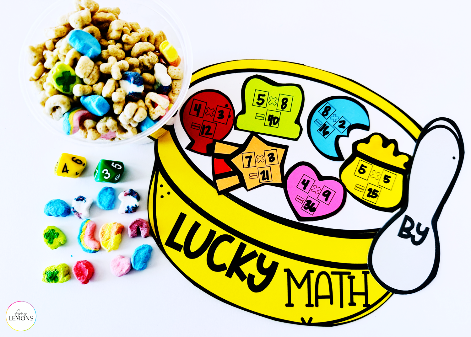 A bowl of cereal math craft with equations on the paper cereal pieces 