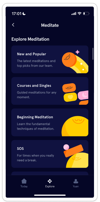 Headspace冥想app 使用介面 - 冥想選單