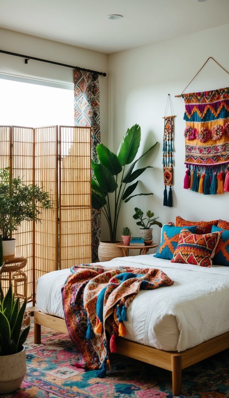 A boho bedroom with a bamboo folding screen as a decorative divider, surrounded by plants, colorful textiles, and eclectic decor