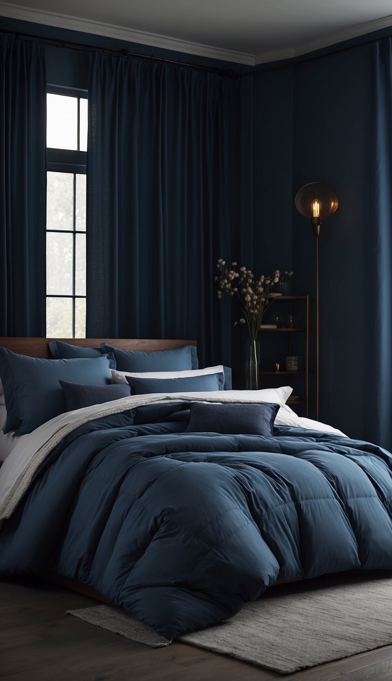 A slate blue comforter drapes over a neatly made bed in a dark blue bedroom, surrounded by matching decor and soft lighting