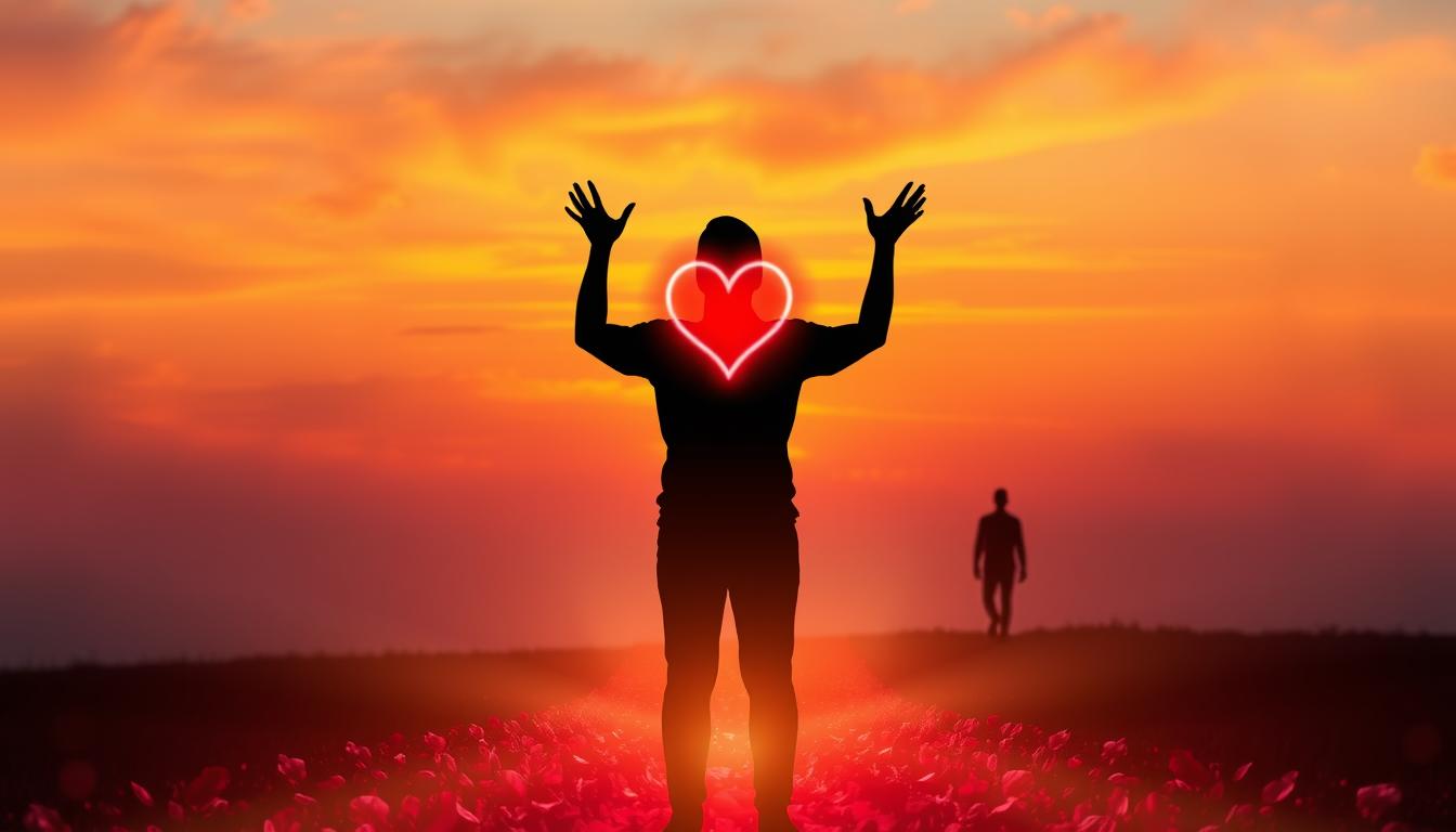 A silhouette of a person standing in front of a colorful sunset, with their arms outstretched and palms facing upward towards the sky. The person is surrounded by heart-shaped energy radiating from their heart chakra, while a path made of rose petals leads towards them from the horizon. In the background, a figure of their ideal partner can be seen in the distance, walking towards them.