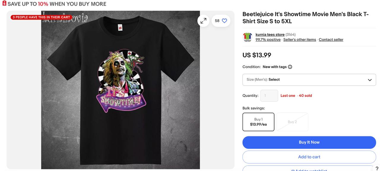 1. Beetlejuice It's Showtime Movie Men's Black T-Shirt Size S to 5XL