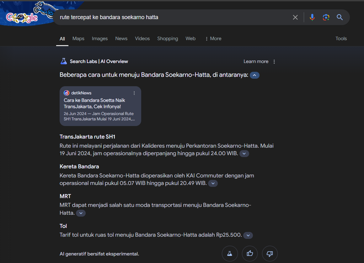 Gambar 2: Hasil untuk rute tercepat ke bandara Soekarno Hatta dalam bahasa Indonesia.
