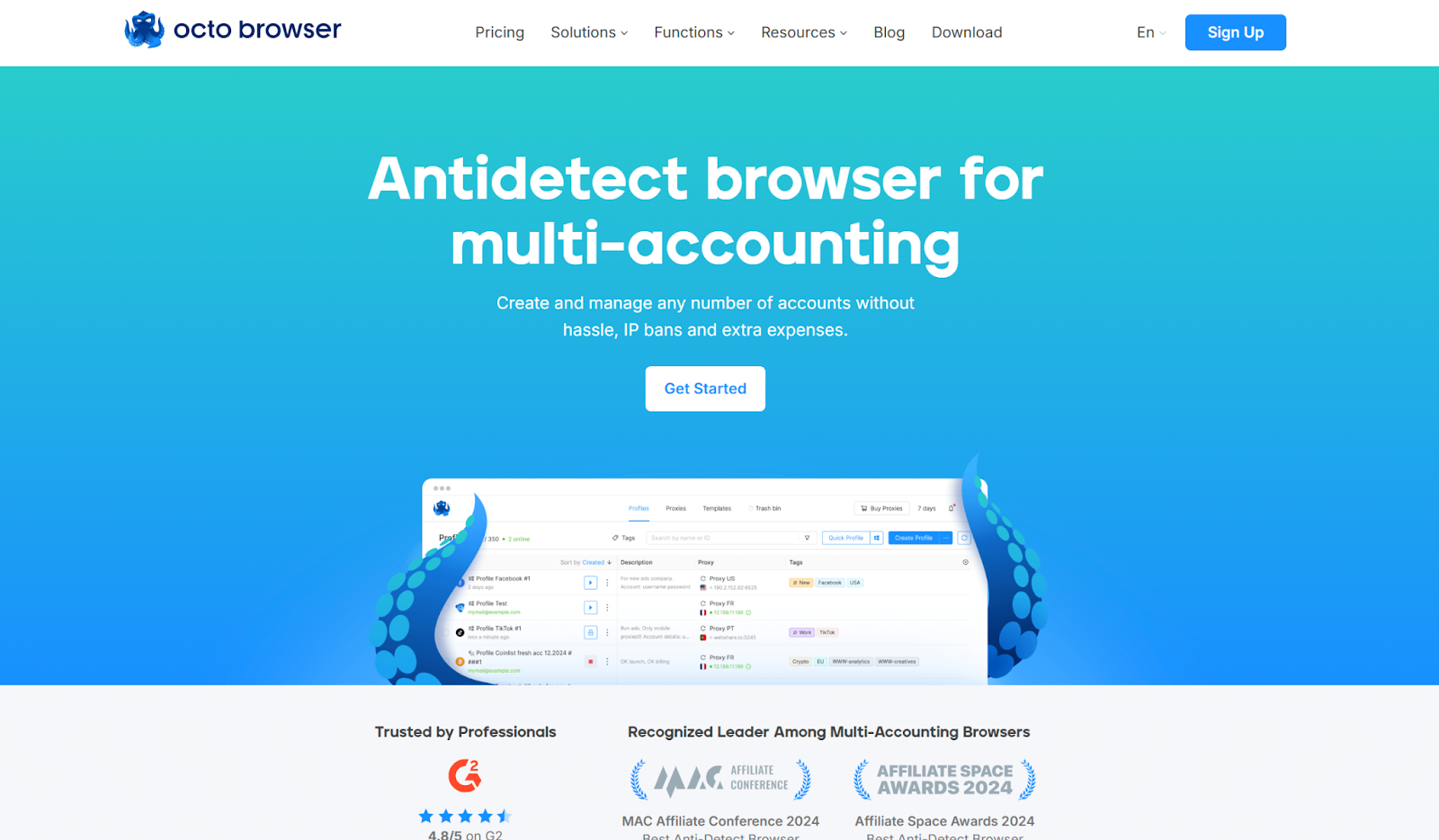 OctoBrowser website screenshot, 2025