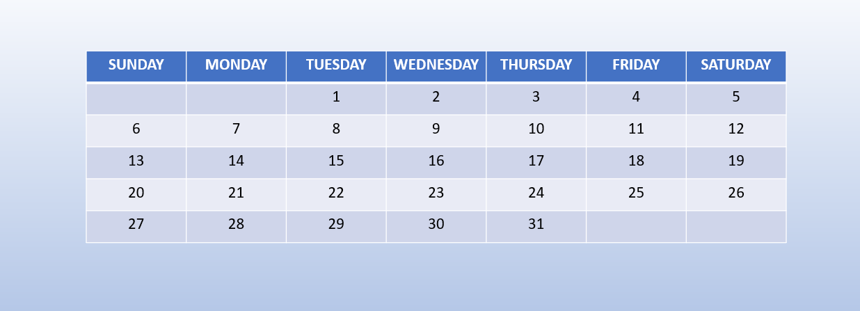 Calendar designing in PowerPoint using the table.