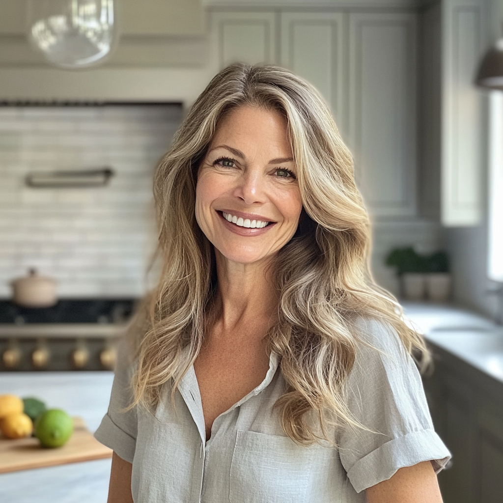 A smiling older woman in a kitchen | Source: Midjourney