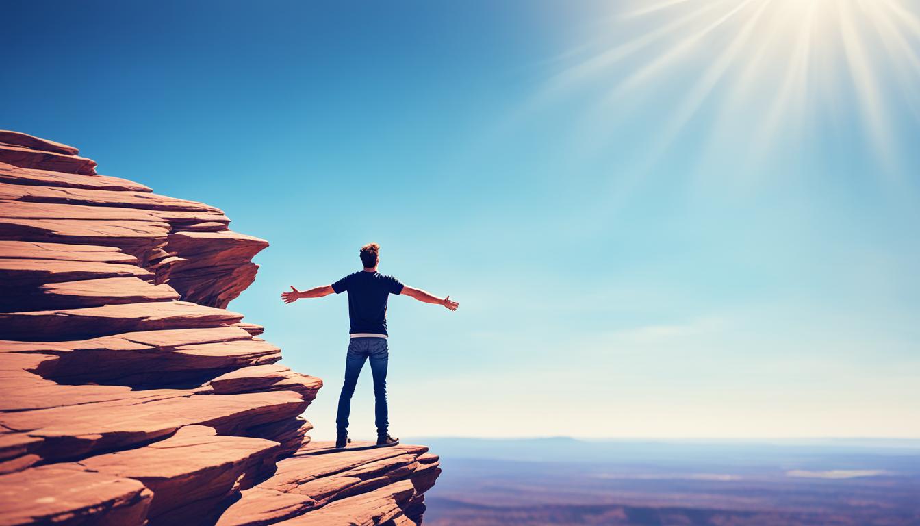 A person standing on the edge of a cliff, looking out into the vast open space. Their arms are extended, facing upwards towards the sky. Their eyes are closed, and their face is serene as if they are releasing all their worries and fears to the universe. The wind is blowing gently, and the person's hair and clothes are fluttering in the breeze. There is a sense of calmness and detachment from any outcomes or expectations.