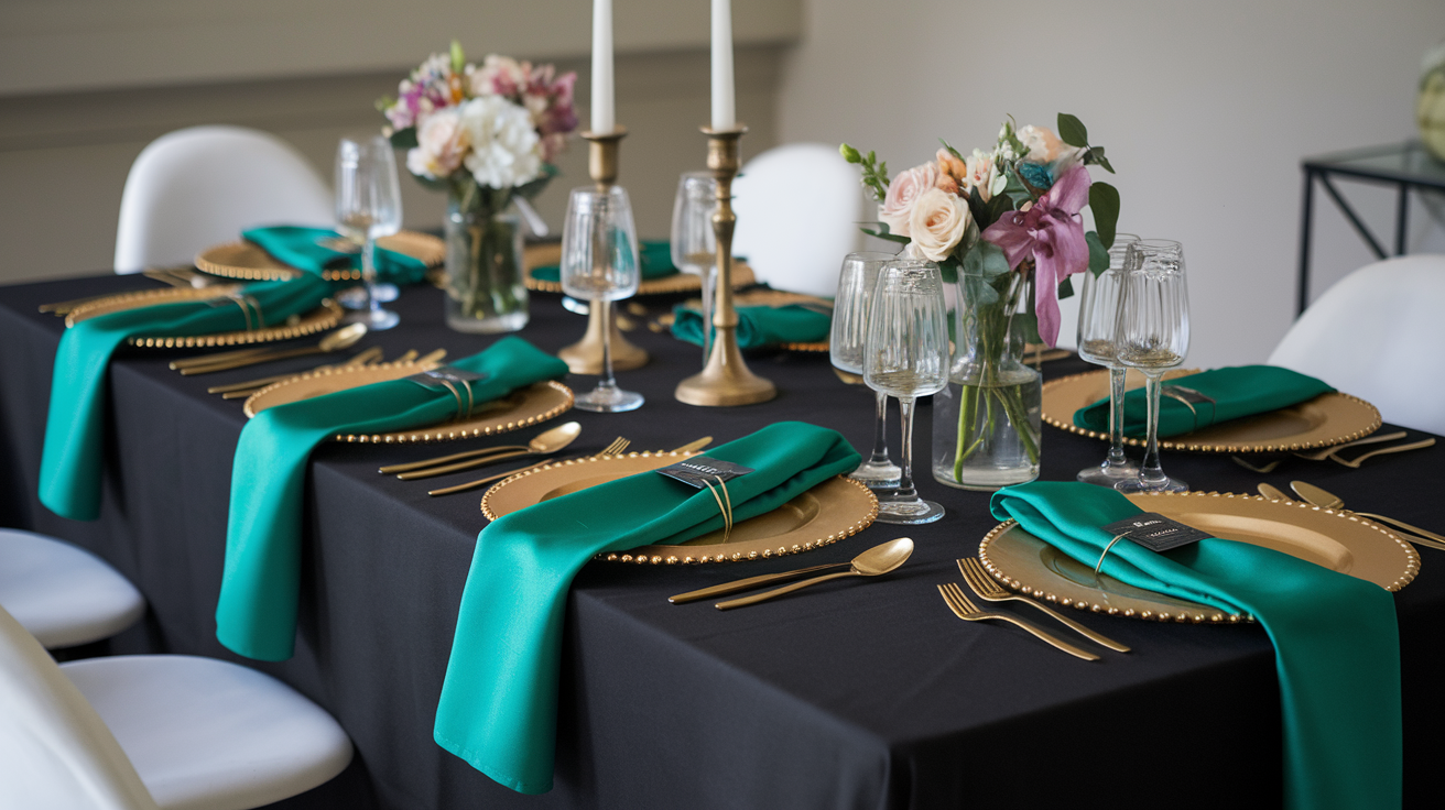 Black table cloth green waterfall napkins gold charger