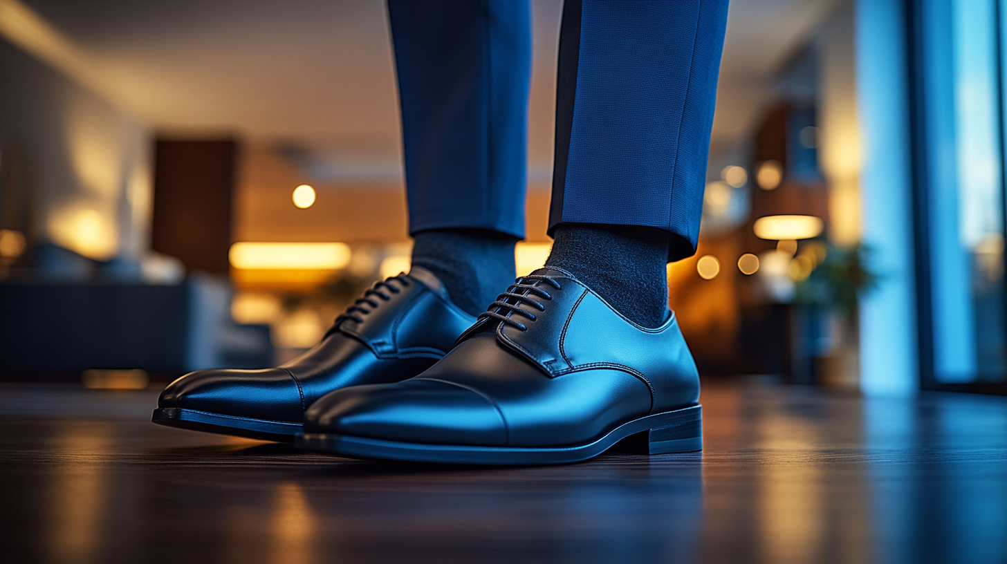 
A well-dressed man wearing a tailored navy blue wedding suit, paired with polished black leather shoes, ideal for an evening wedding. The sleek, classic shoes enhance the formal elegance of the outfit, complementing the deep navy fabric perfectly. The shoes have a refined shine, featuring smooth leather and precise stitching. The man stands confidently, adjusting his tie or fastening his suit jacket, exuding sophistication. The softly blurred background suggests a luxurious wedding venue with warm, ambient evening lighting. Photorealistic, ultra-HD, cinematic lighting.