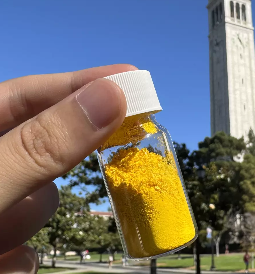 A hand holding a small bottle with yellow powder in it

Description automatically generated