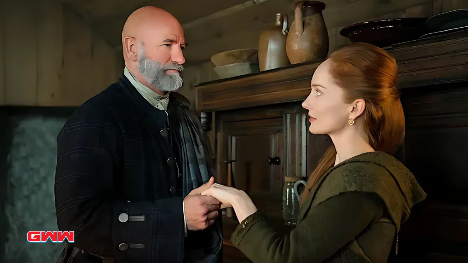 Graham McTavish as Dougal MacKenzie and Lotte Verbeek as Geillis Duncan in Outlander Season 7 Part 2