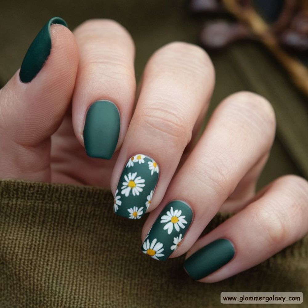 Winter and Fall Dark Green Nails having Nature-Inspired Touches
