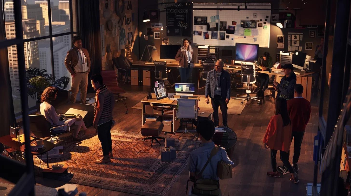 a dynamic office environment filled with diverse characters engaged in animated discussions and brainstorming sessions, showcasing their shared values and aspirations through expressive body language and vibrant expressions, embodying the essence of brand storytelling.