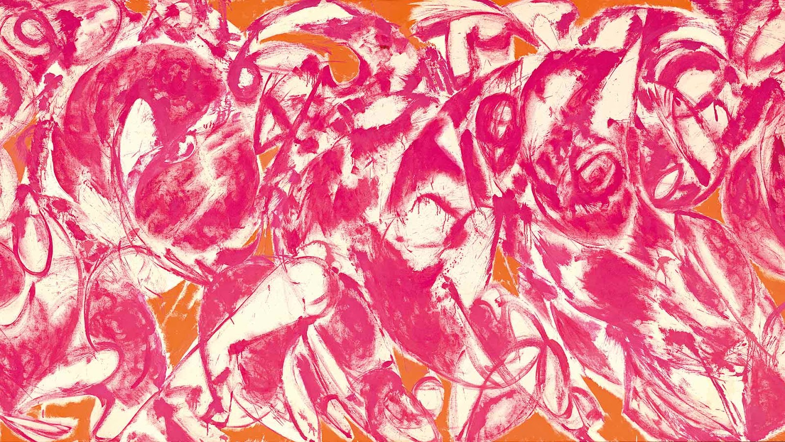 Abstract Expressionist painting "Combat" (1965) by Lee Krasner featuring dynamic, gestural swathes of vivid pink and white with bold orange accents; large-scale canvas with energetic arcs, ovoid shapes, and scribble-like forms, exemplifying Krasner's late-career exploration of color, movement, and form.