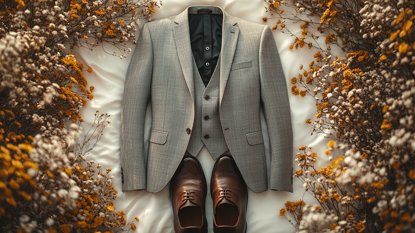 A men's gray suit, neatly laid flat on a soft, slightly flowing white fabric, creating a serene and balanced composition. The suit, paired with a black shirt, is surrounded brown shoes, dark brown shoes. Aesthetic elements like dried flowers add a refined touch. The scene is softly illuminated with cool white lighting, casting gentle shadows that enhance the minimalist, sophisticated vibe.