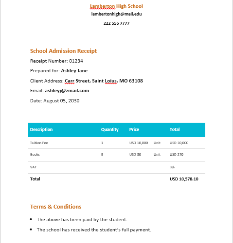 School Admission Receipt Template by Template.Net