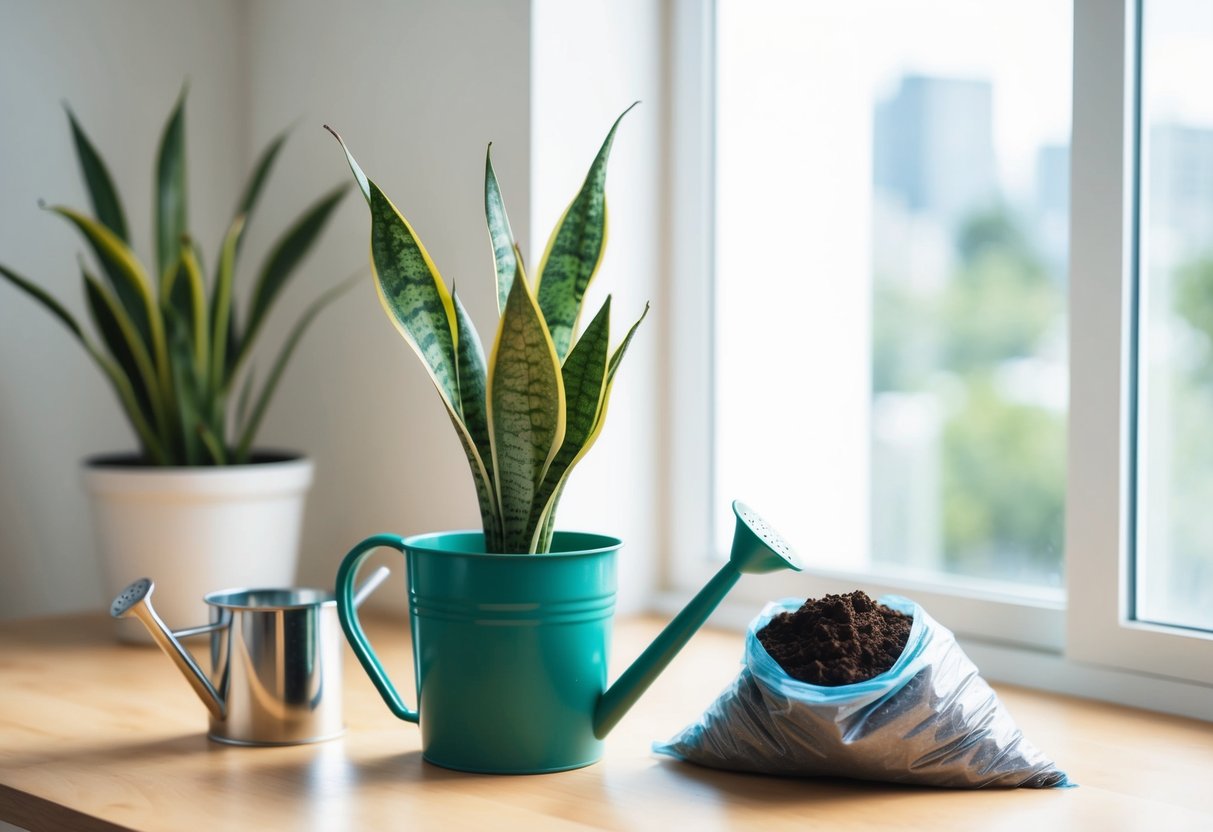 A snake plant sits in a bright room, near a window. A small watering can and a bag of soil are nearby. The plant looks healthy and well cared for