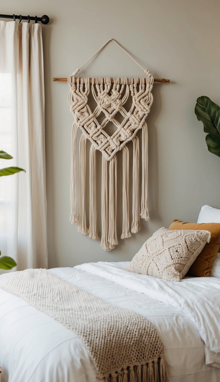 A macrame wall hanging adorns a cozy bedroom, adding a bohemian touch to the grown woman's space