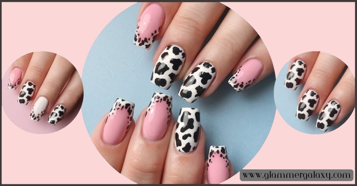 Pink and leopard print accent nail ideas on a hand against a blue background.