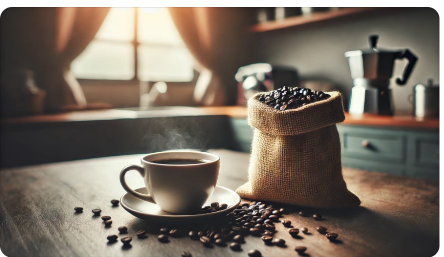 A cup of coffee with a faded brown color sits on a table, surrounded by scattered coffee grounds. The image includes the text "What Happens If You Drink Expired Coffee?