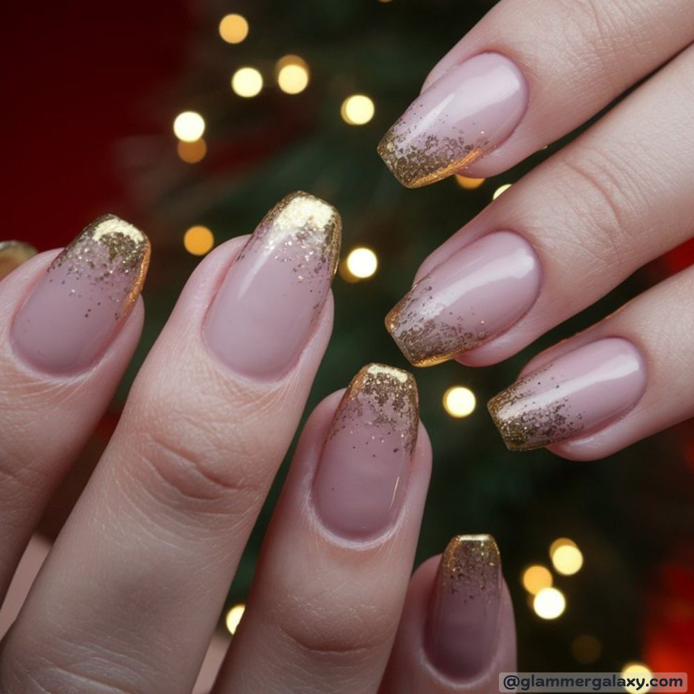 French Tip Christmas Nails having Sparkly Gold Faded Tips
