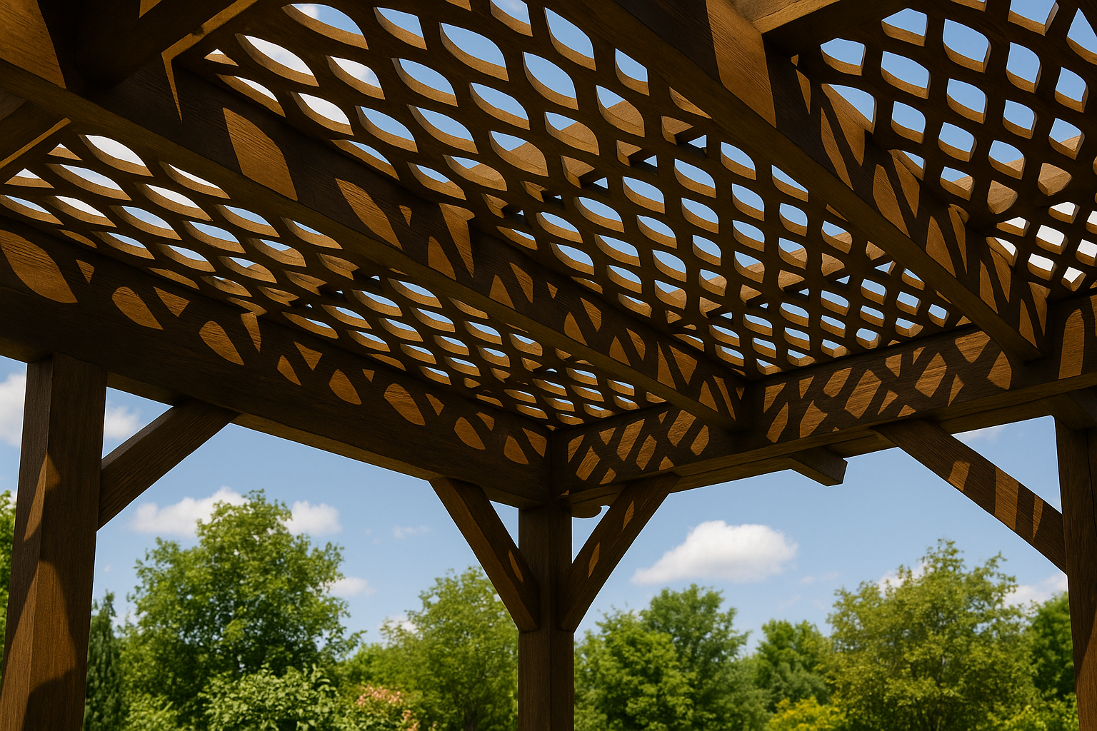 Close-up of pergola roof with intricate wooden lattice patterns creating patterned shade.
