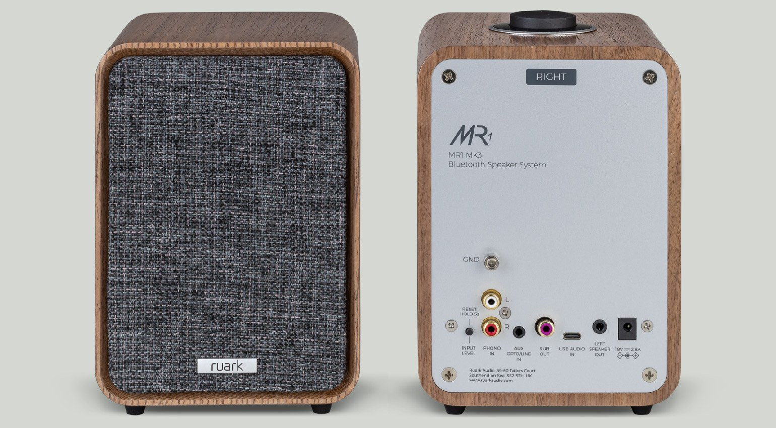 Ruark Audio MR1 MK3 desktop speakers front and rear view.