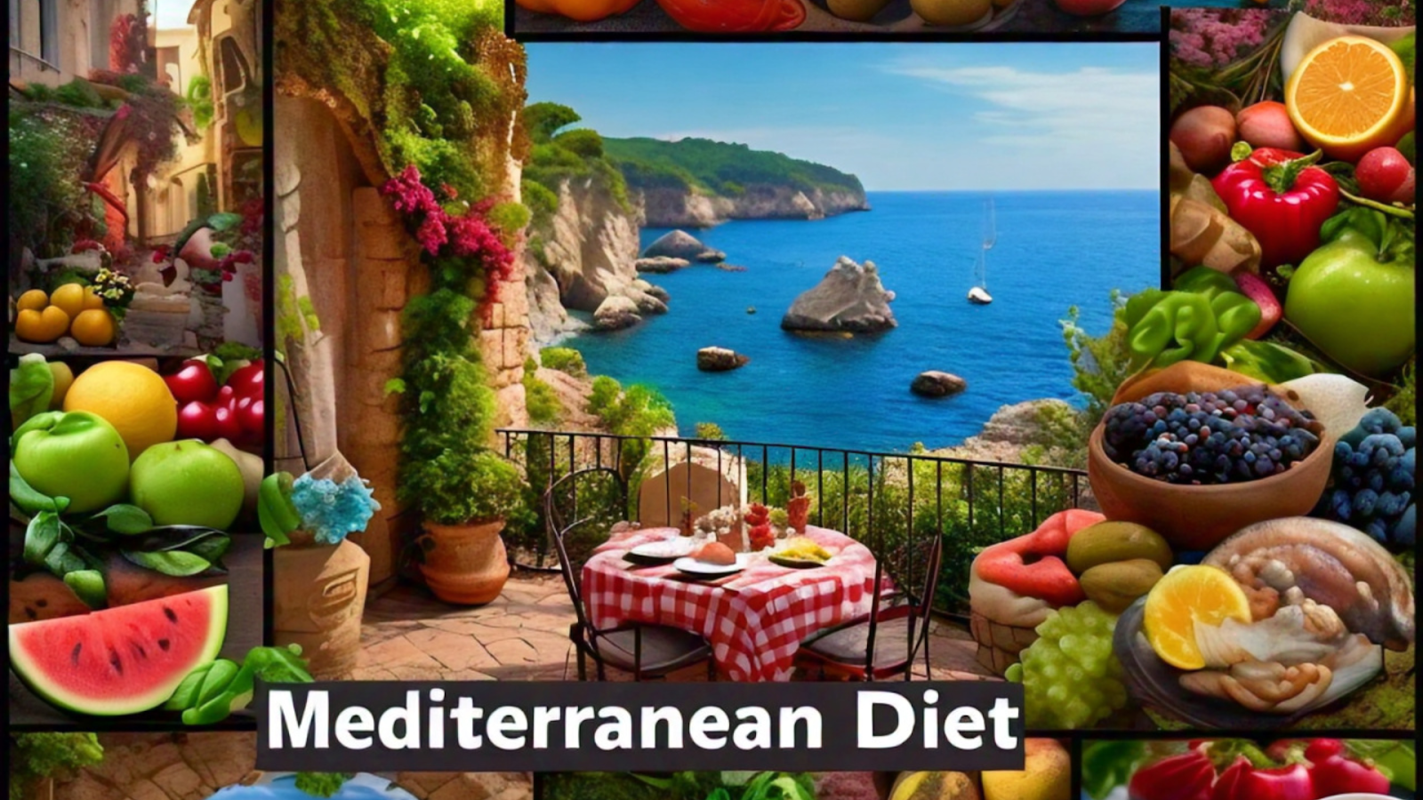 A collage depicting various aspects of Mediterranean lifestyle, including healthy food, outdoor dining, and vibrant Mediterranean scenery.