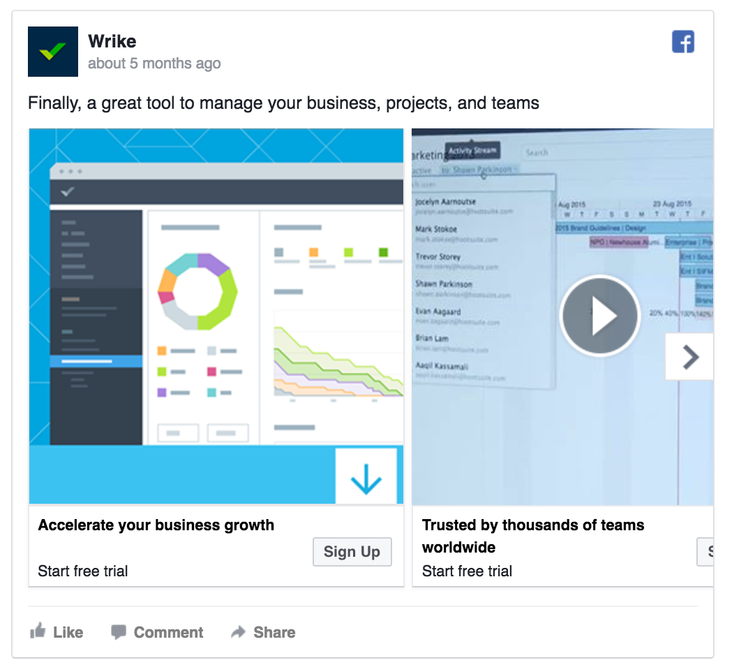 Wrike’s Facebook ad includes a video.