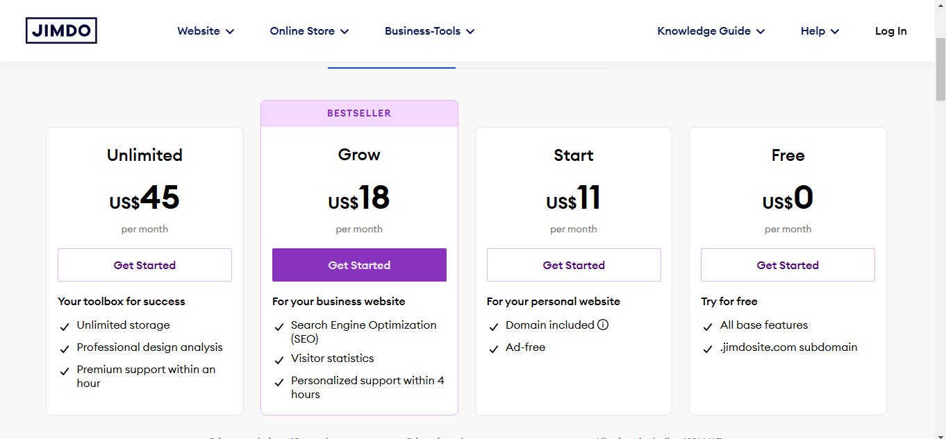 a screenshot of jimdo pricing