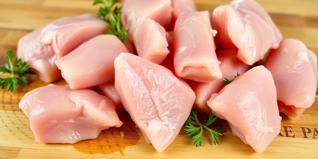 Fresh raw chicken pieces on a wooden cutting board.