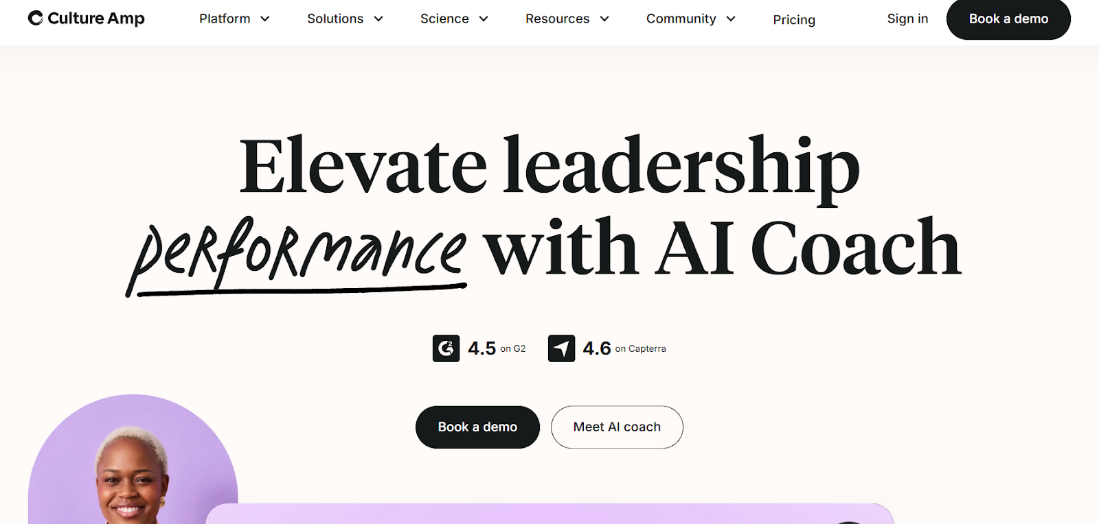 Culture Amp homepage highlighting AI Coach for leadership and performance improvement, featuring G2 and Capterra ratings with demo booking options.