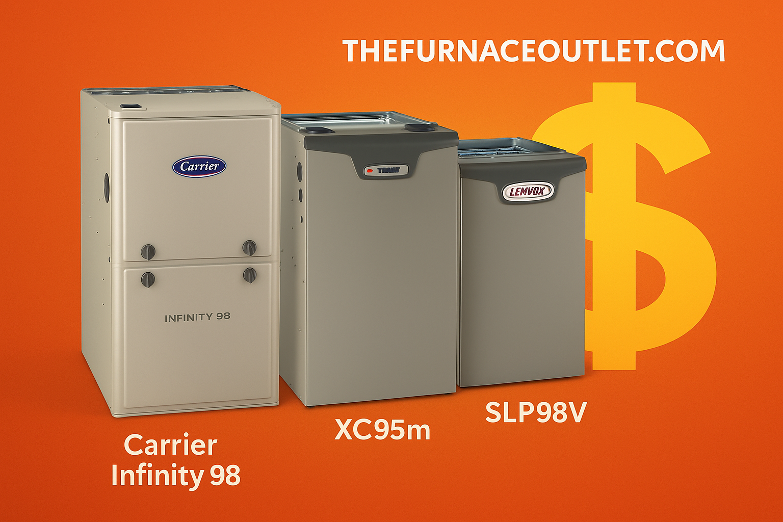 A digital advertisement for TheFurnaceOutlet.com displays Carrier Infinity 98, Trane XC95m, and Lennox SLP98V furnaces on an orange background with a large dollar sign, emphasizing best ROI among top furnace models