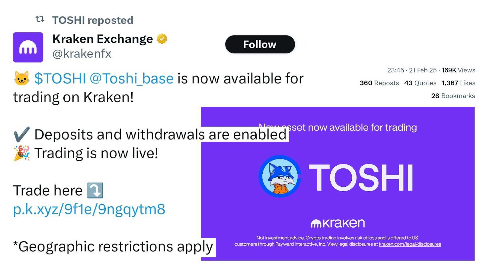 Kraken Exchange announces Toshi (Toshi), which are now possible for the trade in deposits and withdrawals, divided by @krakenfx and released by Toshi on X