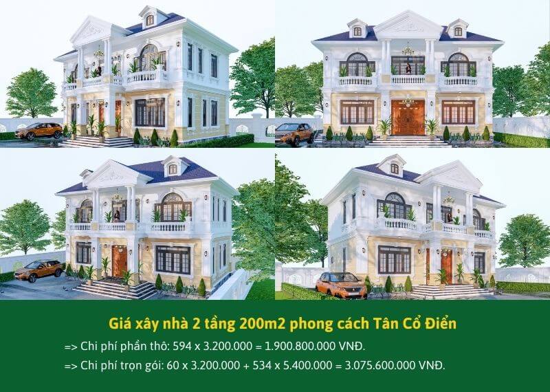 Dự toán nhà 2 tầng 200m2 phong cách Tân Cổ Điển Xây dựng Nhất Tín